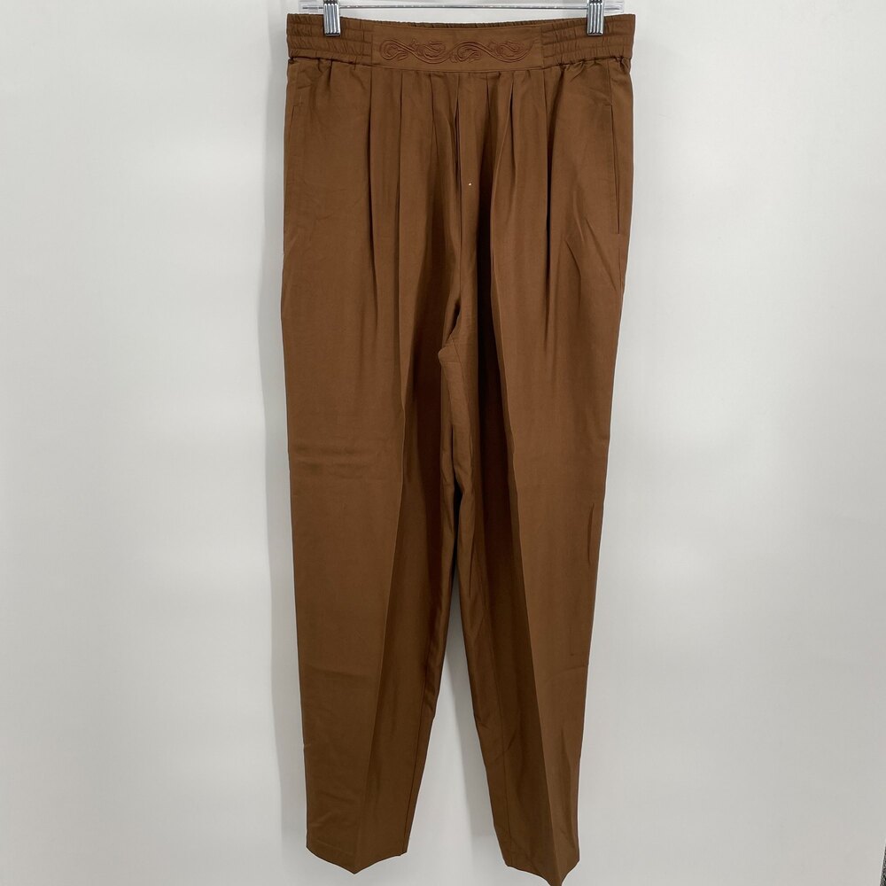 SAKS FIFTH AVENUE 100% Silk Embroidered Brown Tapered Pleat Trouser Pants Size S